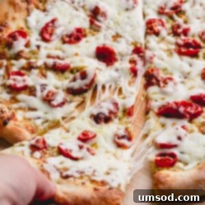 Slow-Roasted Tomato and Melted Cheese Pizza 9 sliced pizza with cheese pull.