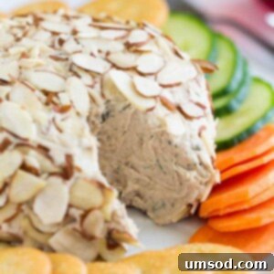 Creamy Salmon Cheese Balls 5 Delicious Salmon Cheese Ball appetizer, beautifully garnished with almonds and fresh dill, served with various crackers.