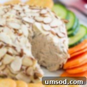 Creamy Salmon Cheese Balls 6 Freshly prepared salmon cheese ball presented on a platter with a selection of crackers and fresh vegetables.