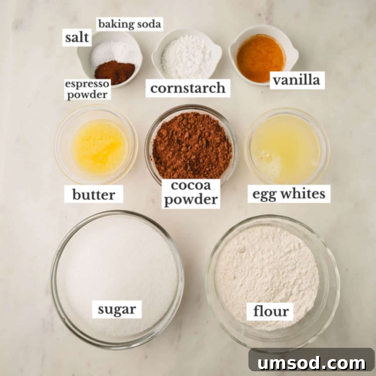 A display of all the simple ingredients required to make homemade brownie crisps from scratch.