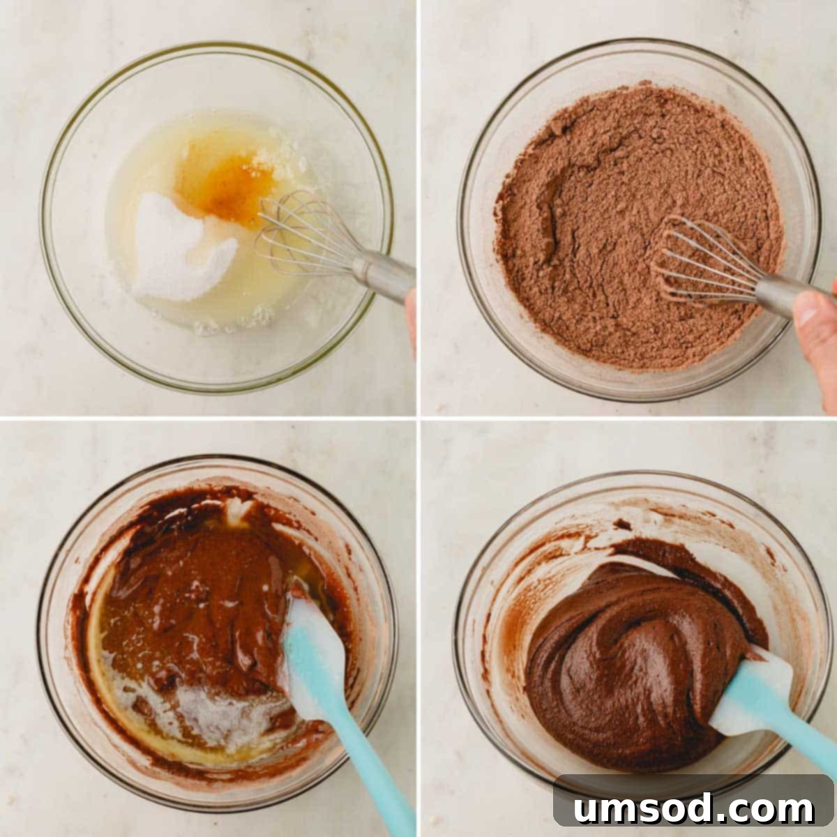 Four sequential images demonstrating the process of whisking brownie crisp batter in a bowl, from initial ingredients to a smooth, finished batter.