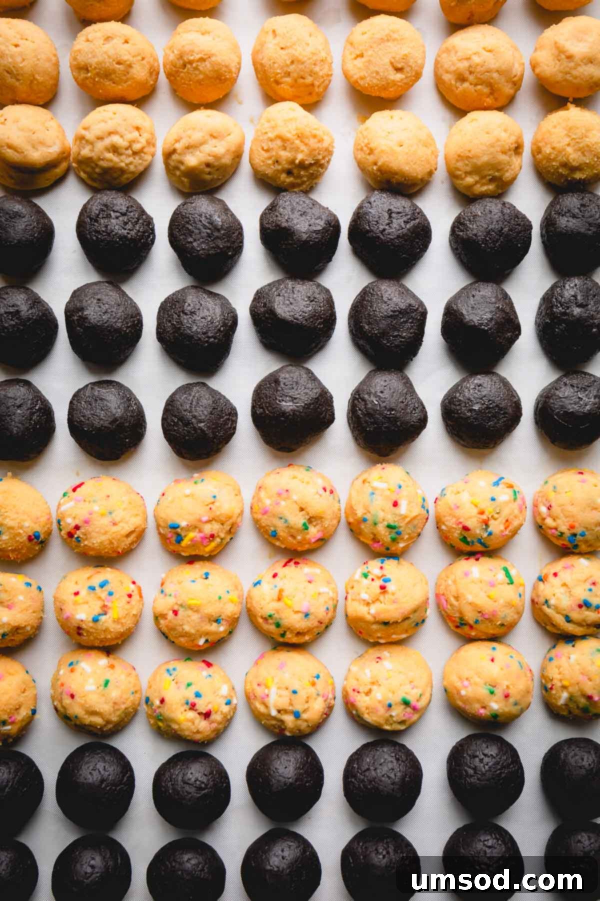 Uncoated white and chocolate Oreo balls resting on a baking sheet lined with parchment paper, ready for dipping.