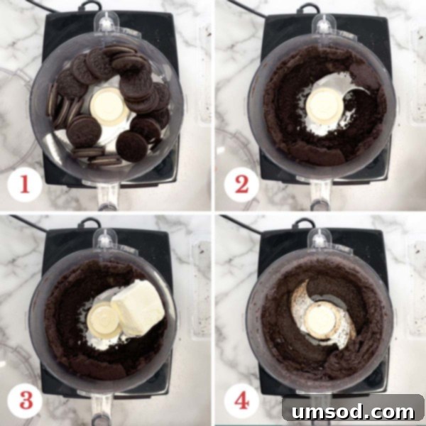 A step-by-step photo collage illustrating the process of making Oreo balls, from crushed cookies to mixed batter.