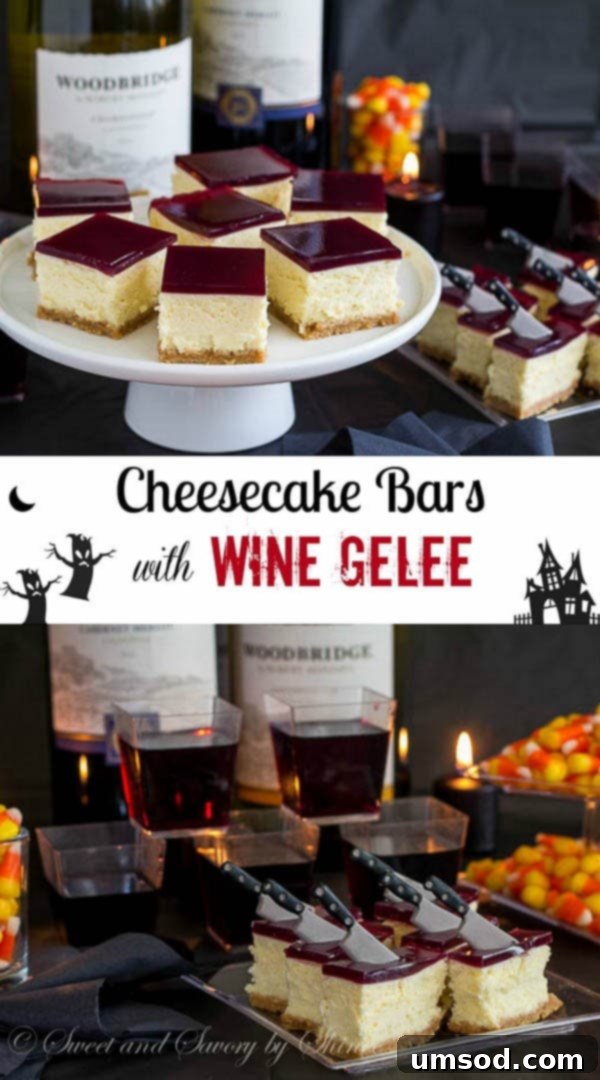 Decadent cheesecake bars with a ruby-red wine gelée topping, showcasing their rich texture and elegant presentation.