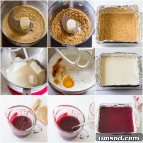Step-by-step photo of making the cheesecake bars with wine gelée, showing the creamy filling poured over the crust.