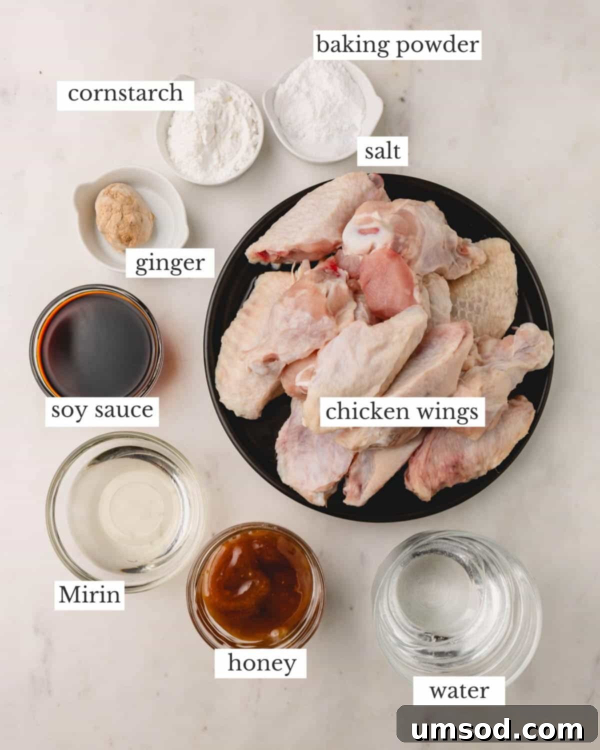 Sticky Teriyaki Chicken Wings 5 A flat lay photo showing all the ingredients neatly arranged to make honey teriyaki chicken wings with homemade teriyaki sauce.