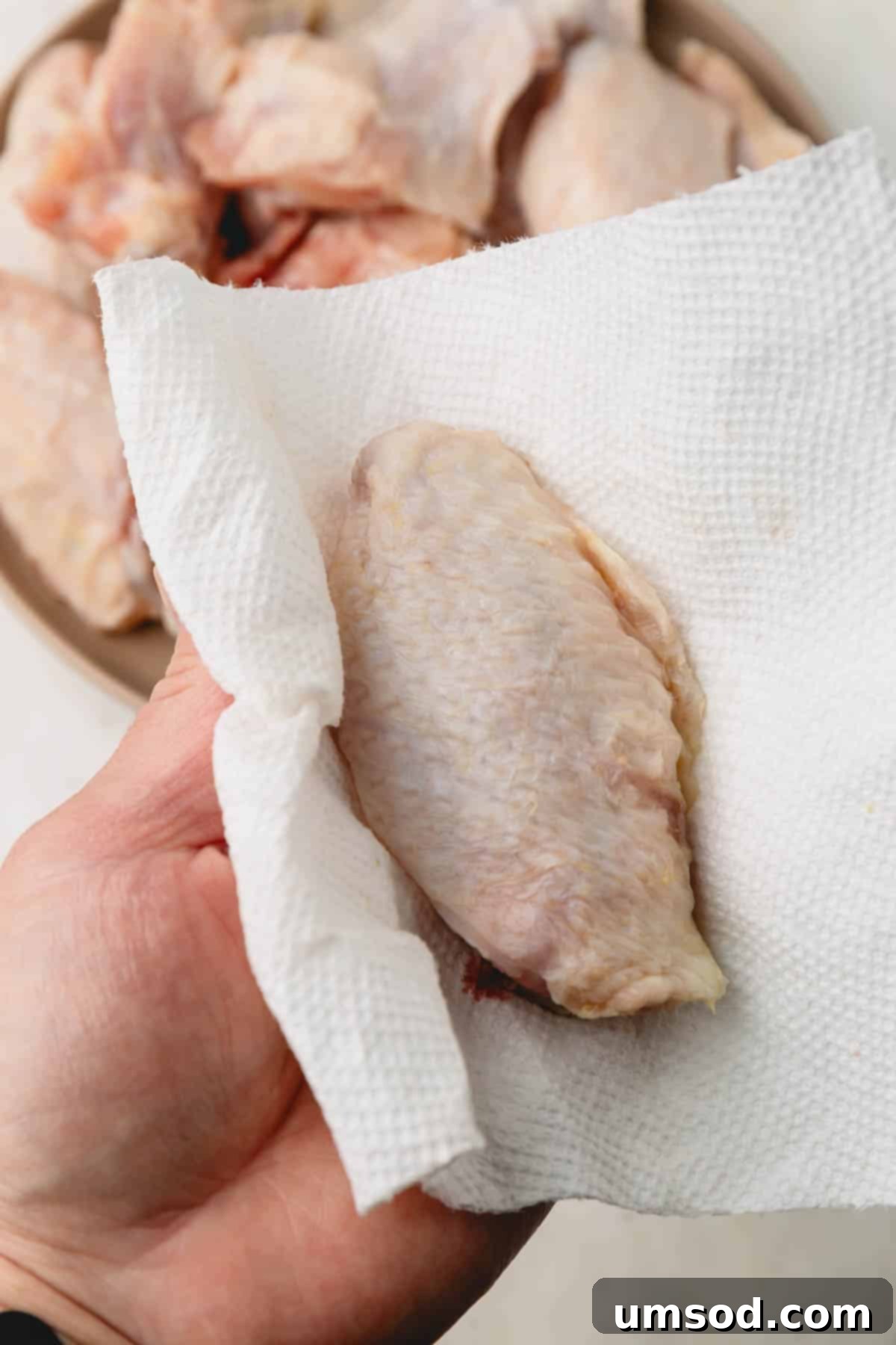 Sticky Teriyaki Chicken Wings 6 A close-up shot of a hand using a paper towel to carefully pat a chicken wing dry, emphasizing a crucial step for crispy results.