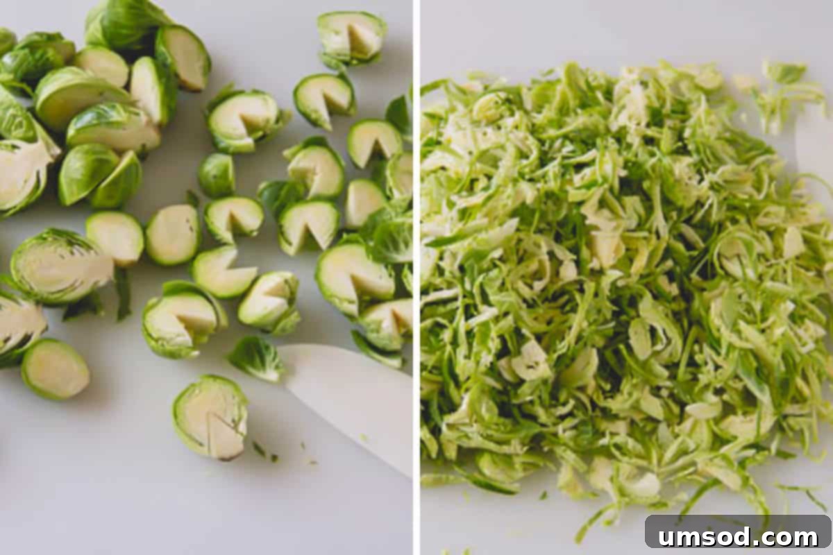 Roasted Brussels Sprout and Warm Quinoa Power Bowl 6 Two side-by-side images showing how to prepare Brussels sprouts: one with cored halves and another with thinly sliced Brussels sprouts.