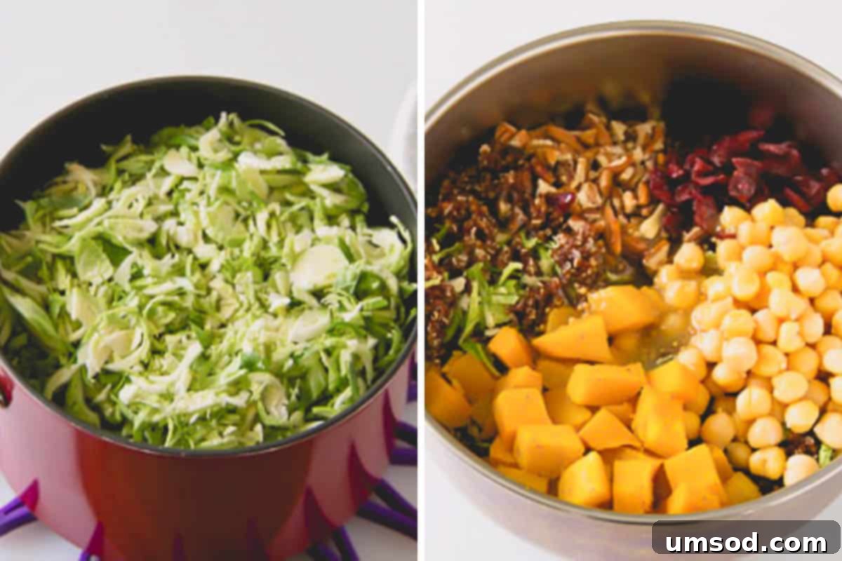 Roasted Brussels Sprout and Warm Quinoa Power Bowl 7 Side-by-side images: thinly sliced Brussels sprouts added to a pot of cooked quinoa, and a large bowl containing all assembled salad ingredients before dressing.