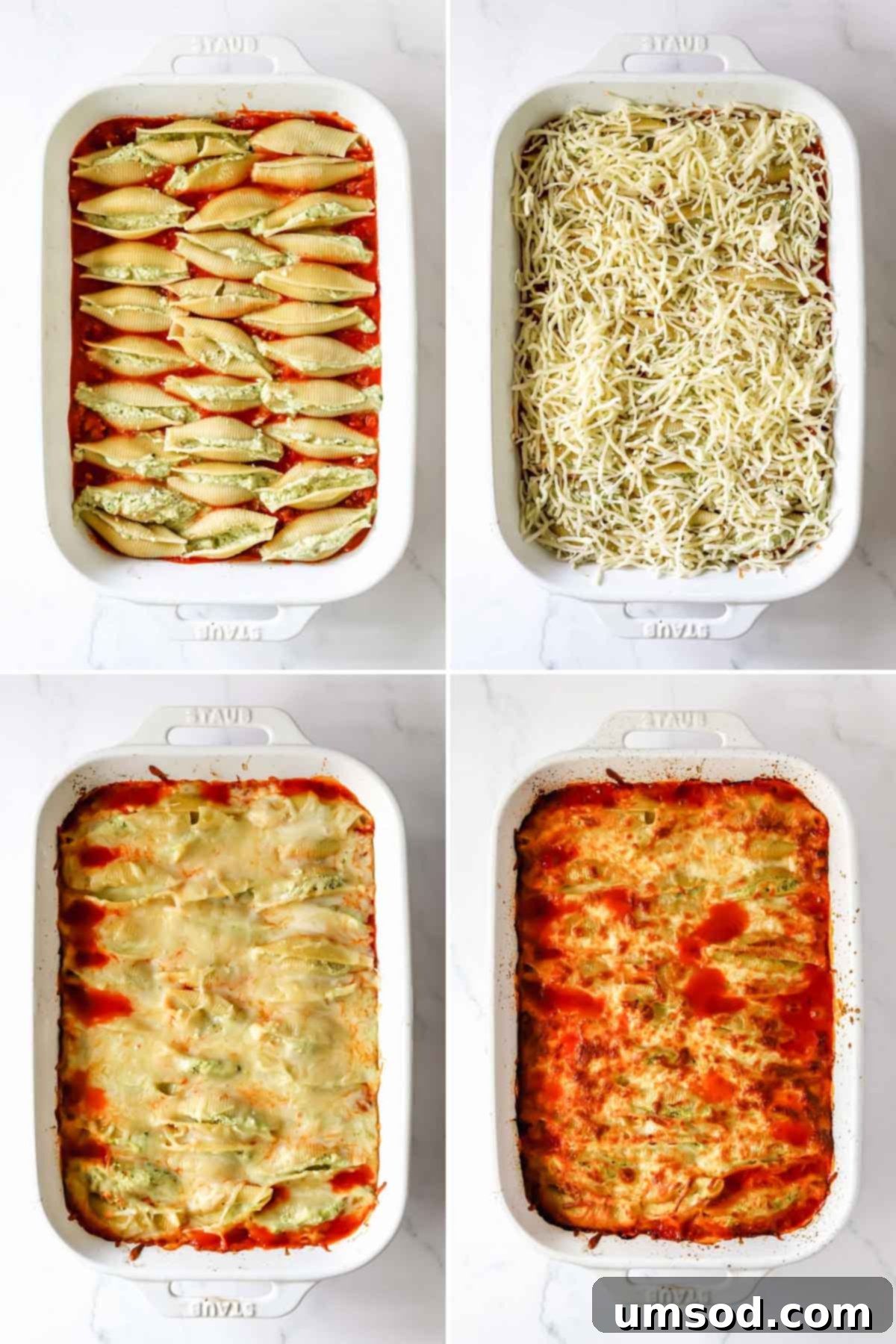 A collage of four images showing the steps of assembling pesto ricotta stuffed pasta shells: layering sauce, arranging stuffed shells, topping with mozzarella, and the final baked dish.