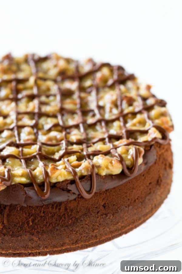 A slice of rich and creamy German chocolate cheesecake topped with gooey pecan-coconut frosting, ready to be served.