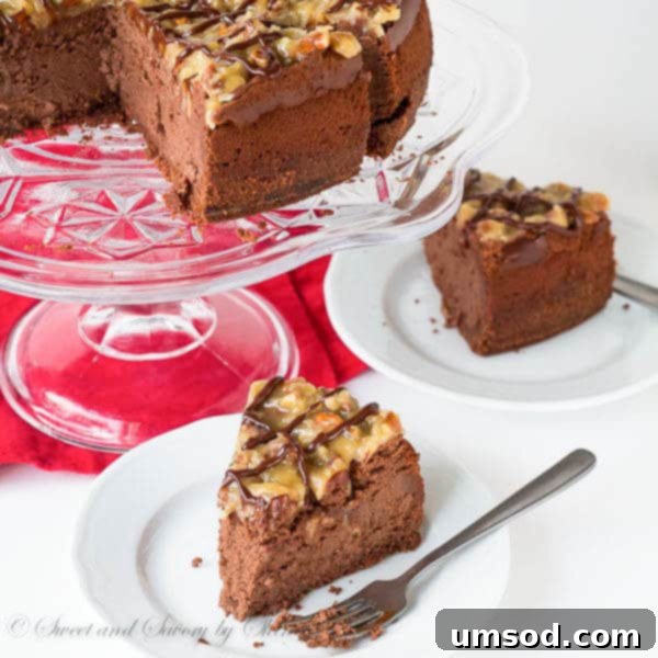 A close-up shot of the tall, baked German chocolate cheesecake before frosting, showing its smooth texture.