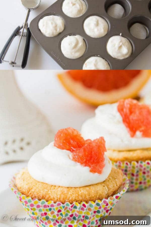 Large cookie scoop filling grapefruit angel food cupcake batter into liners
