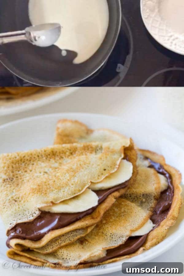 Cookie scoop pouring crepe batter into a pan
