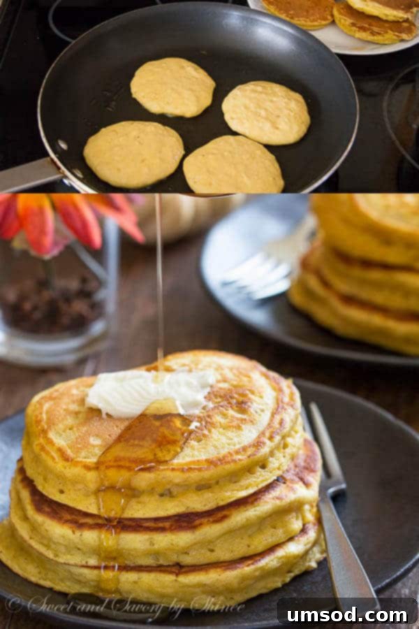 Large cookie scoop serving perfectly portioned pumpkin pancakes