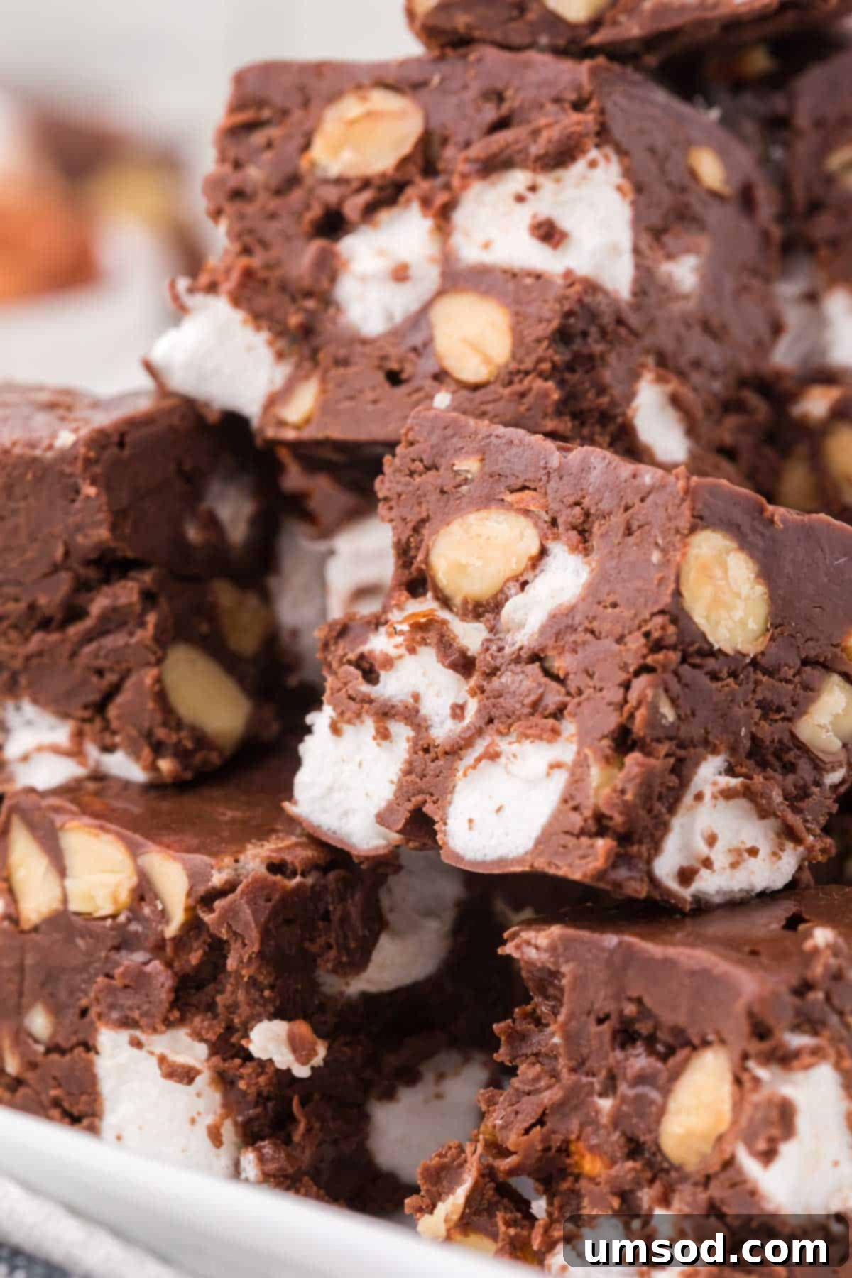 slices of rocky road fudge on a white plate