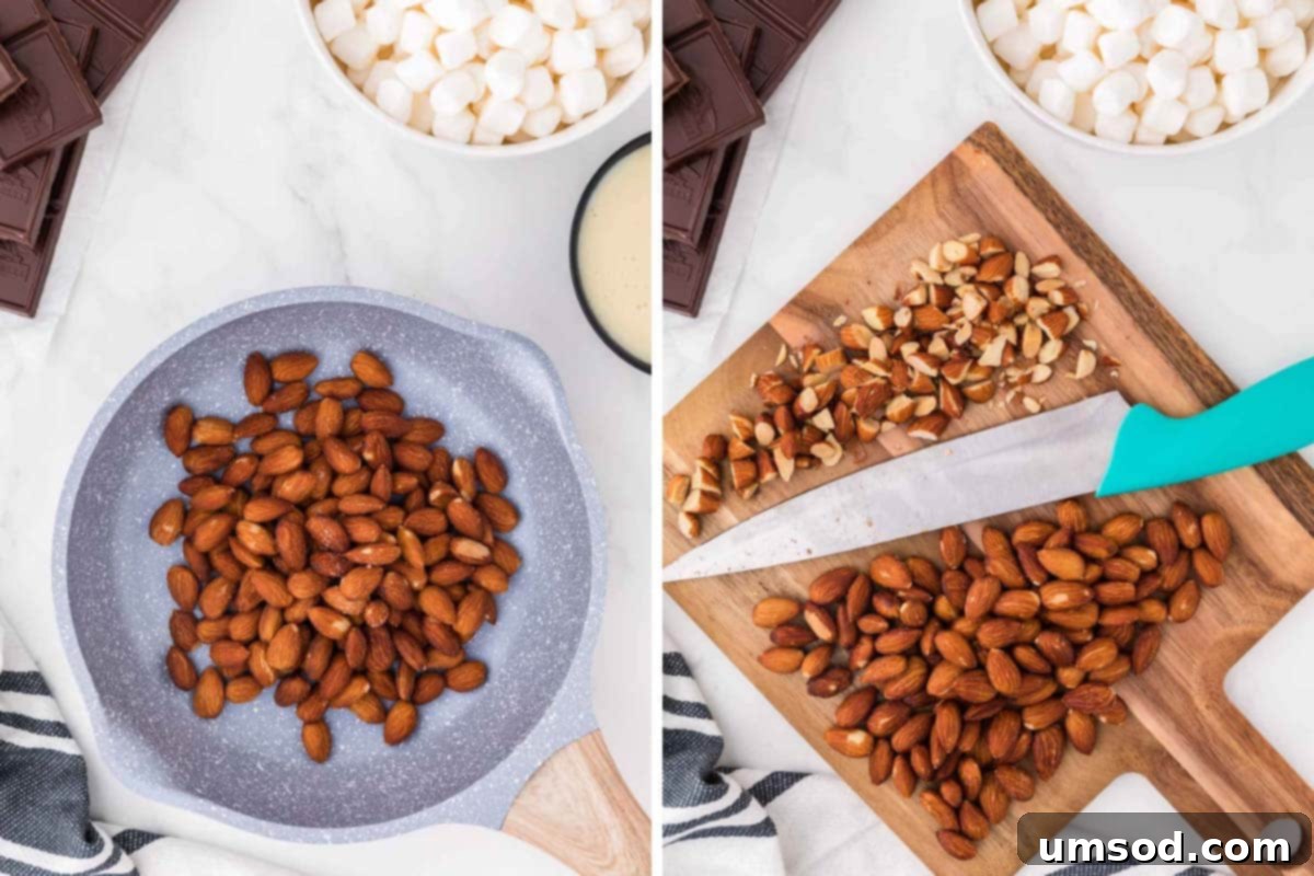 almonds in a skillet being toasted, followed by chopped toasted almonds
