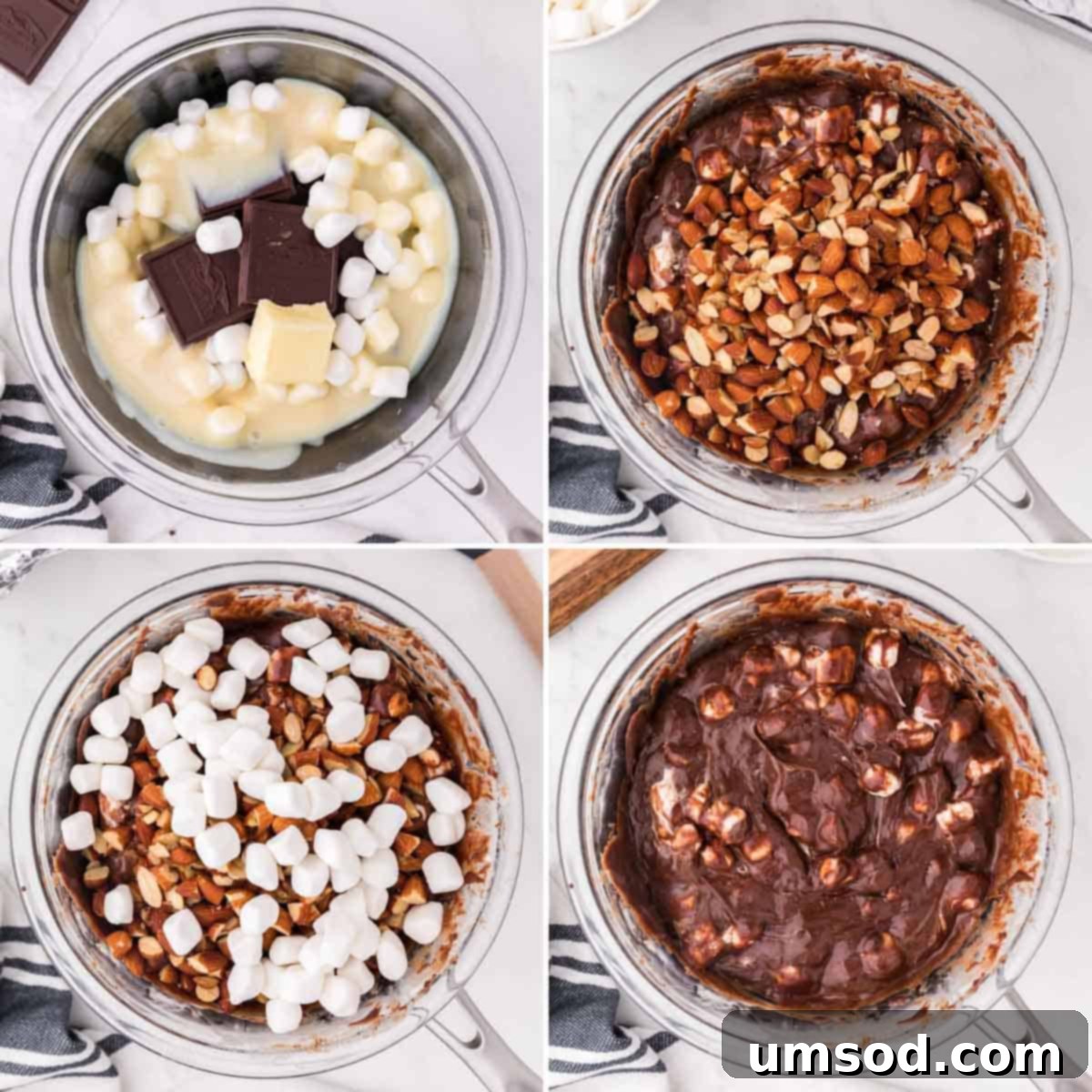 a bowl of chocolate, marshmallows, and almonds ready to be mixed