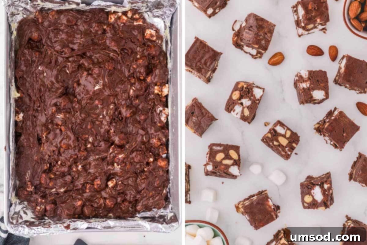 a dish full of rocky road fudge, and individual slices of fudge