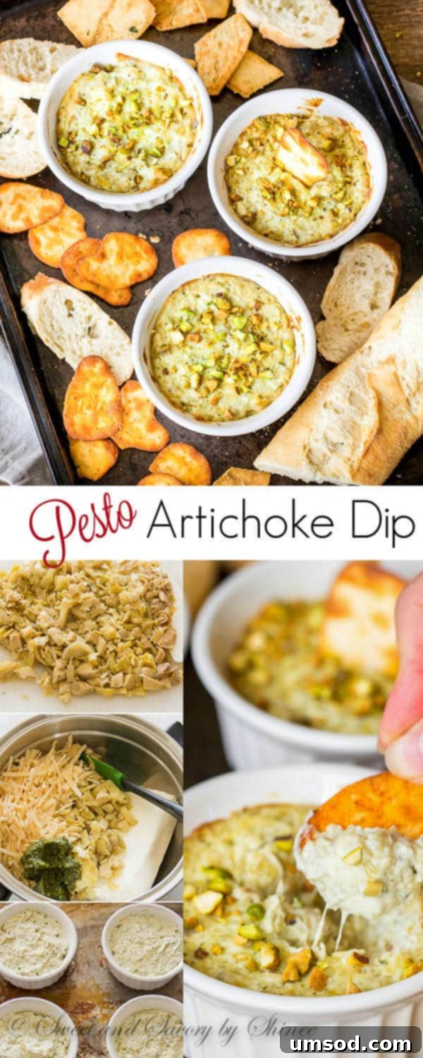 Five Ingredient Pesto Artichoke Dip 2 Super simple, super flavorful, and super cute! Your regular artichoke dip took a unique twist with added pesto for an additional, but complimentary flavor pop!