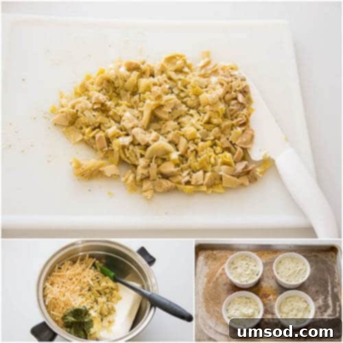 Five Ingredient Pesto Artichoke Dip 5 Step-by-step photo tutorial for making Pesto Artichoke Dip, showing ingredients being mixed.