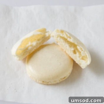 Decoding Macaron Dilemmas 11 A macaron shell broken open to reveal a significant air pocket, indicating hollowness.