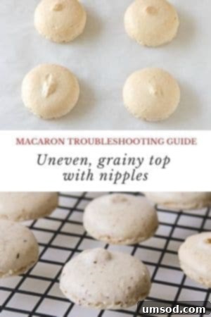 Decoding Macaron Dilemmas 7 Grainy macaron shells with distinct nipples on the surface.