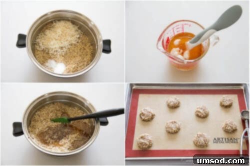 Tropical Hazelnut Treats 5 Step-by-step image showing how to flatten hazelnut coconut cookie dough balls before baking.