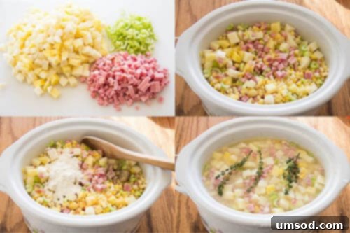 A visual step-by-step guide showing the process of preparing slow cooker ham and potato soup, from dicing ingredients to the final creamy result.