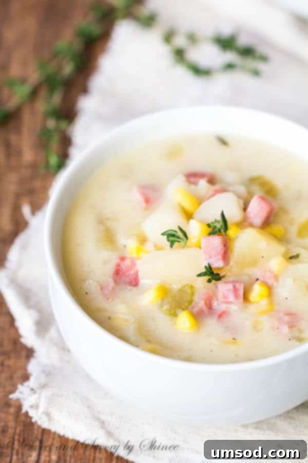 A small, inviting bowl of creamy slow cooker ham and potato soup with corn, perfect for a cozy meal.