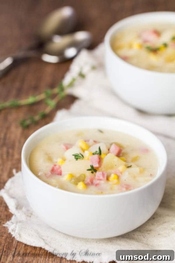 A beautifully presented bowl of Slow Cooker Ham, Corn and Potato Soup – a hearty, creamy, and effortless dinner solution.