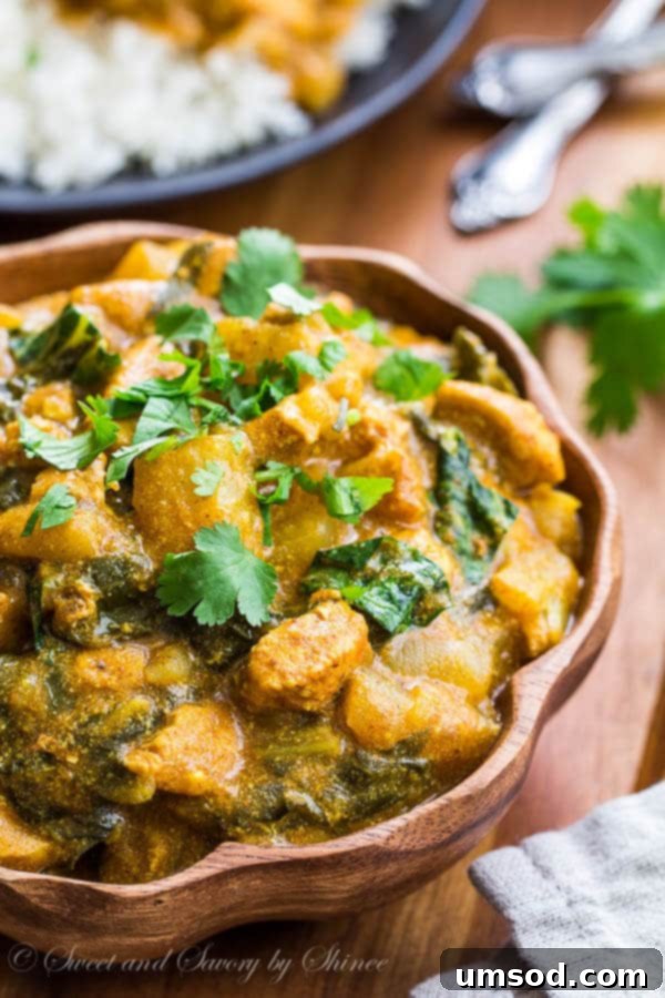 Close-up of Bok Choy Chicken Curry with a sprinkle of fresh cilantro, showcasing its rich golden color.