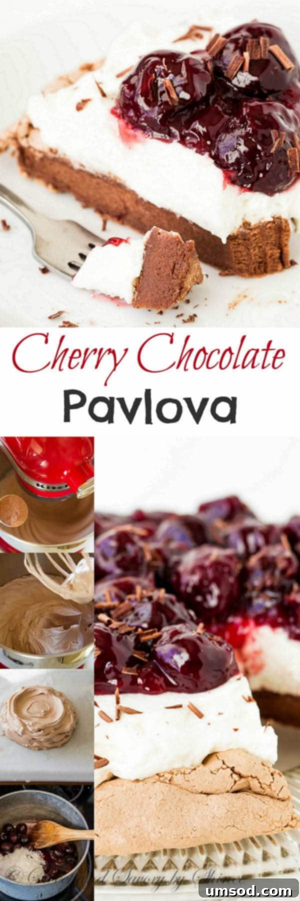 Decadent Cherry Chocolate Pavlova topped with rich cherry sauce and fresh cherries