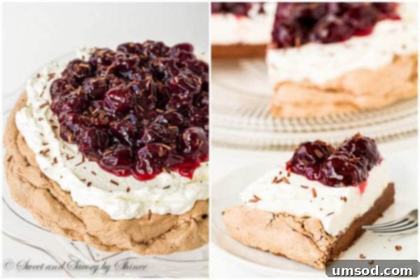 Melt-in-your-mouth light Chocolate Pavlova with cherry sauce and whipped cream