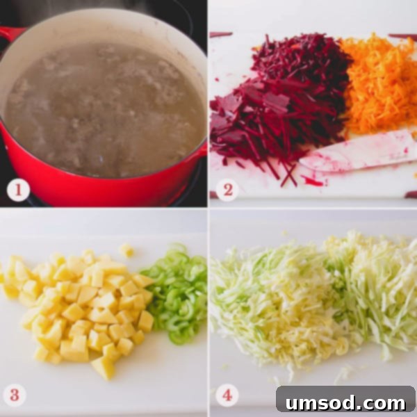 Step by step photo of making beef broth and prepped veggies.