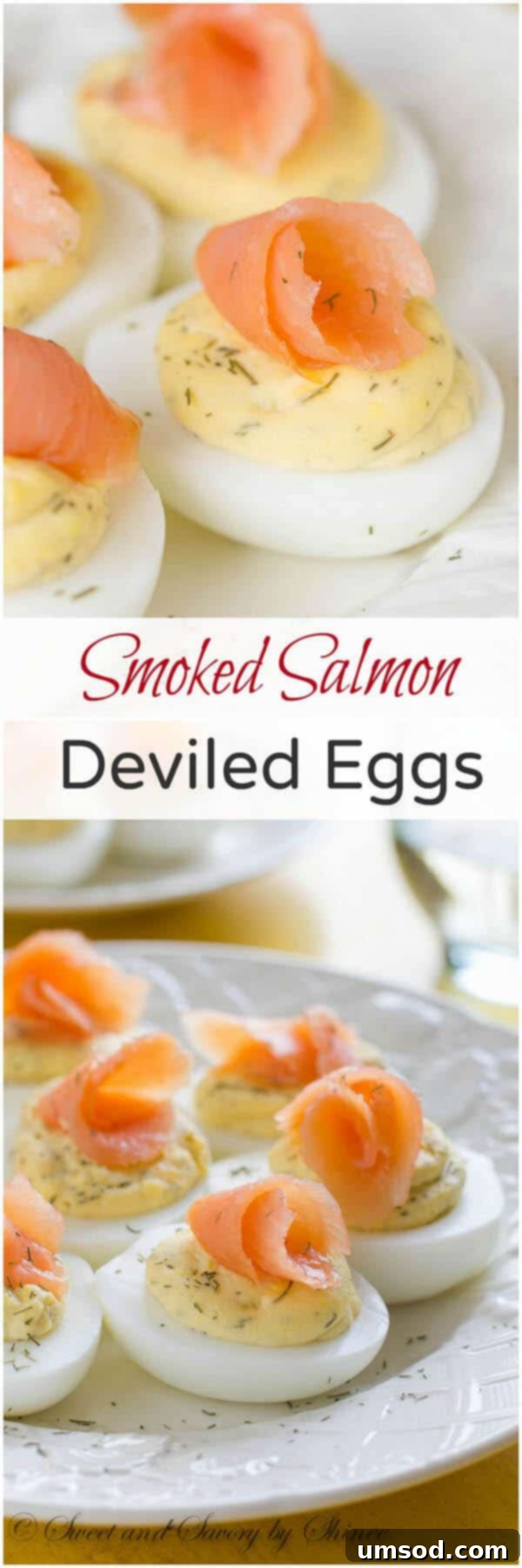 Simple, classic deviled eggs fancied up with smoked salmon. Sophisticated, beautiful, and most importantly, delicious!