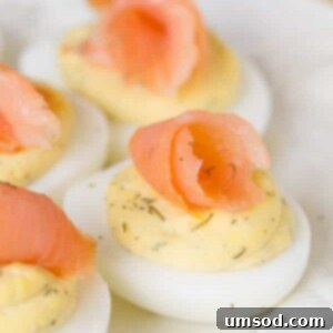 Smoked Salmon Deviled Eggs garnished with dill