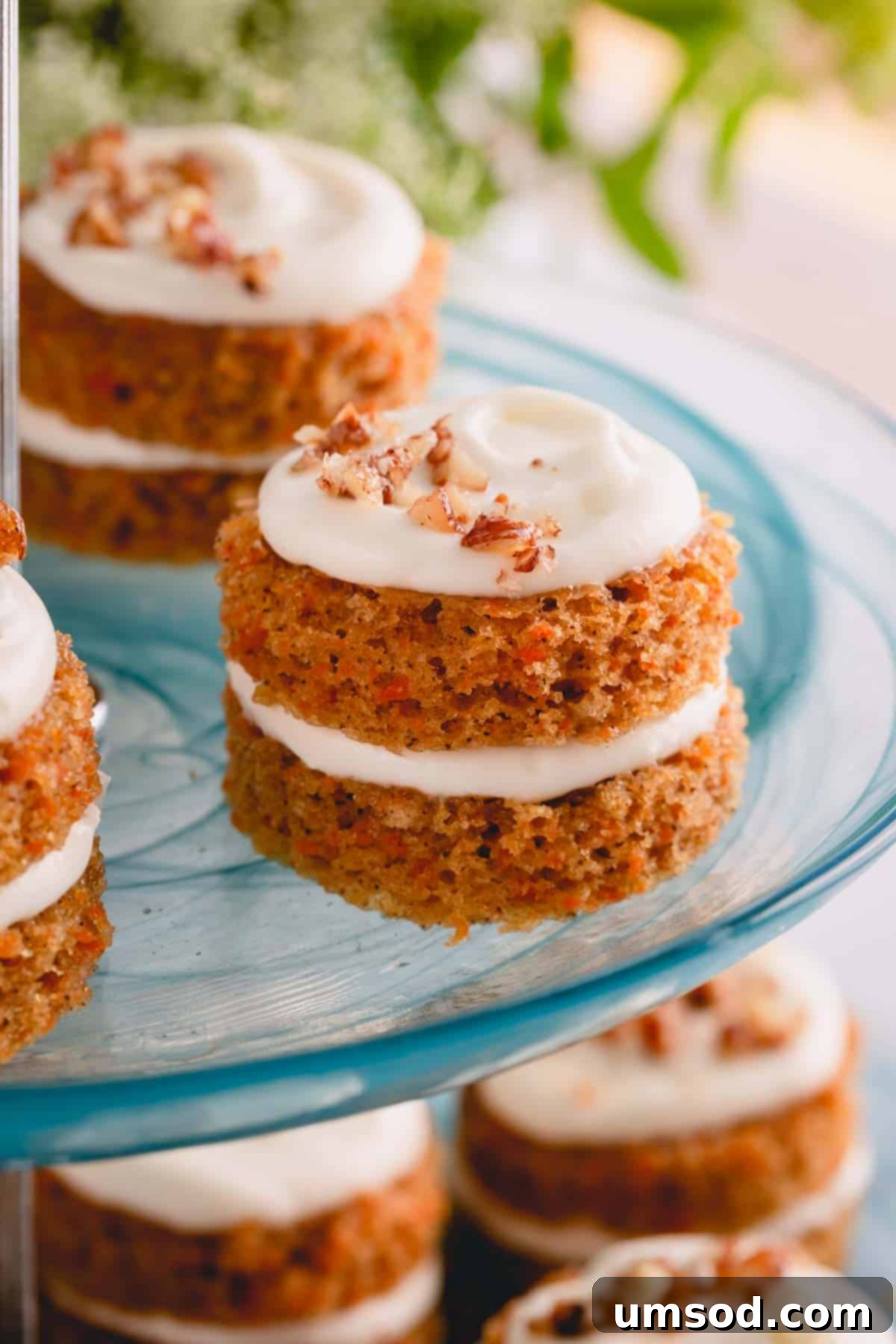 Perfectly Portioned Pecan-Topped Carrot Cakes 2 Mini carrot cakes beautifully arranged on a platter.