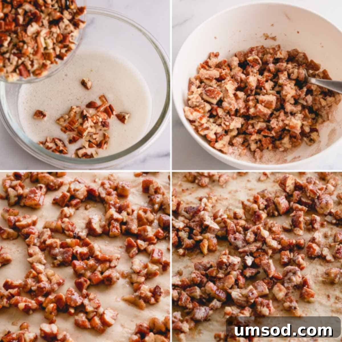 Perfectly Portioned Pecan-Topped Carrot Cakes 5 Process shots showing pecans in egg whites and pecans spread on a sheet pan for baking.