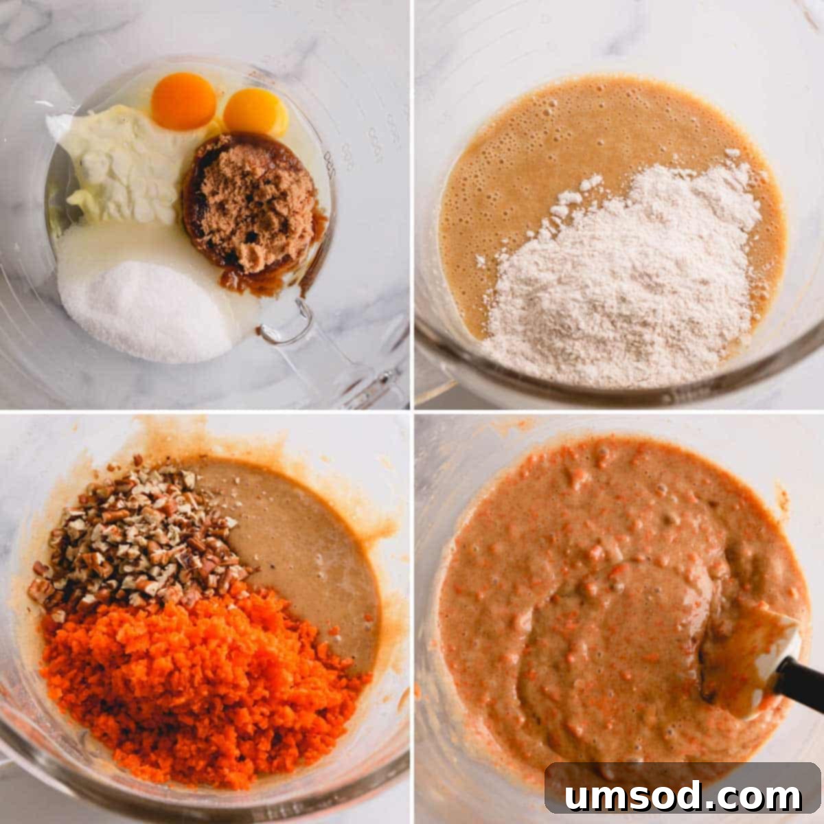 Perfectly Portioned Pecan-Topped Carrot Cakes 6 A mixing bowl with carrot cake batter being prepared.