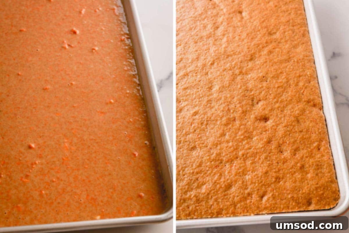 Perfectly Portioned Pecan-Topped Carrot Cakes 7 Images showing cake batter in a sheet pan and the baked carrot cake cooling in the pan.