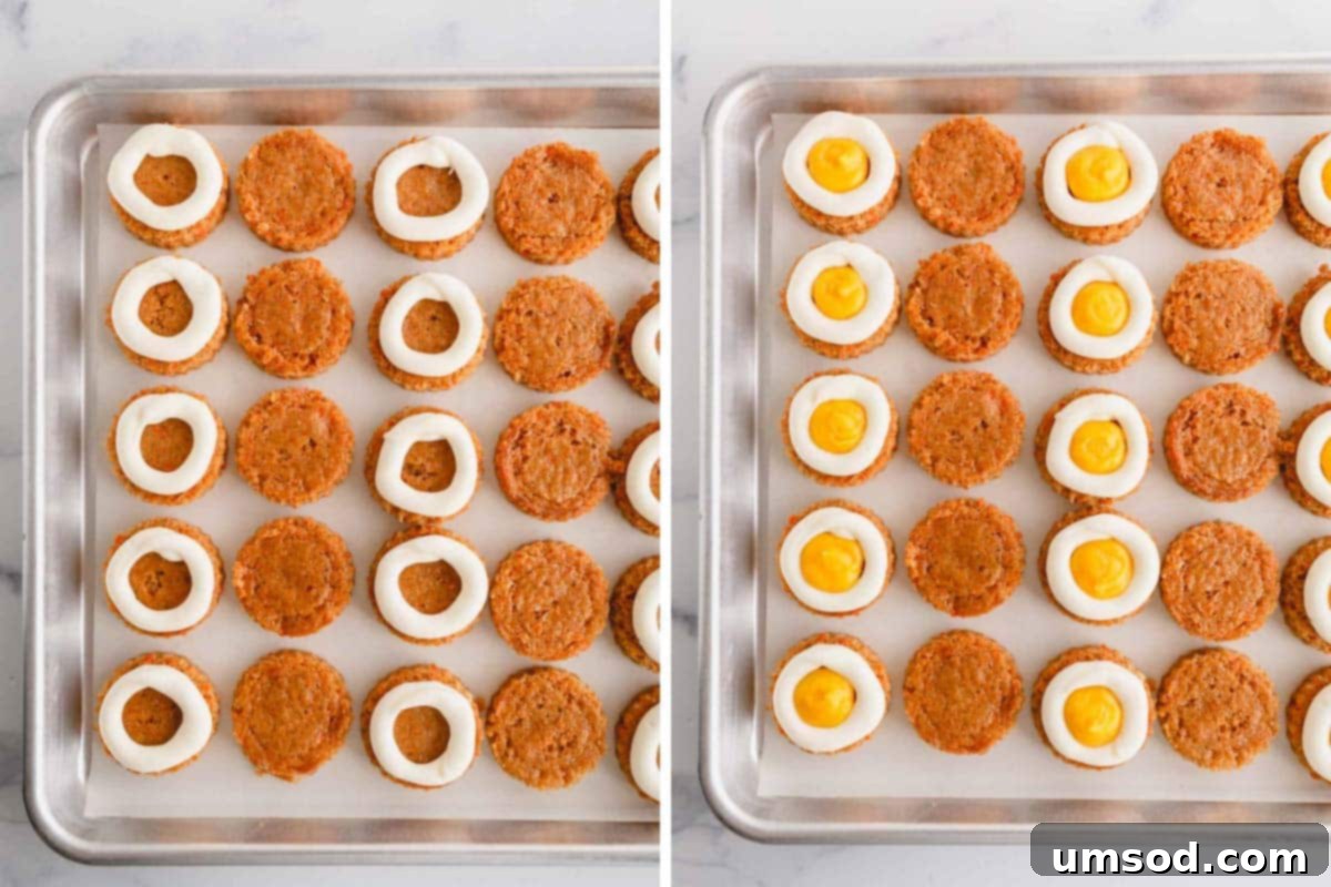 Perfectly Portioned Pecan-Topped Carrot Cakes 9 Carrot cake rounds with piped cream cheese frosting and pineapple curd filling.