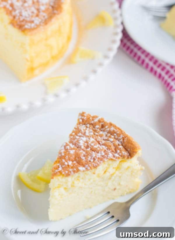 Close-up of a lemon soufflé cheesecake, showcasing its light and fluffy texture