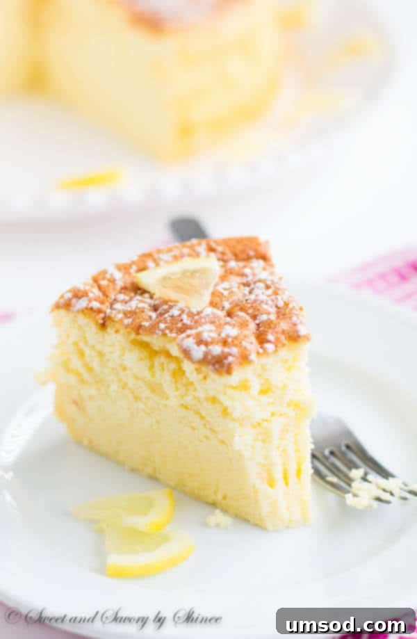 Stylized image of Lemon Soufflé Cheesecake with powdered sugar