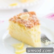 Close-up of a Lemon Soufflé Cheesecake slice