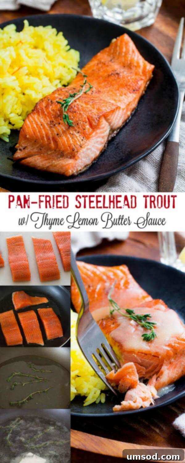 Beautiful pan fried steelhead trout with crispy skin and juicy tender meat, smothered with tangy thyme lemon butter sauce. Delicious dinner in minutes!