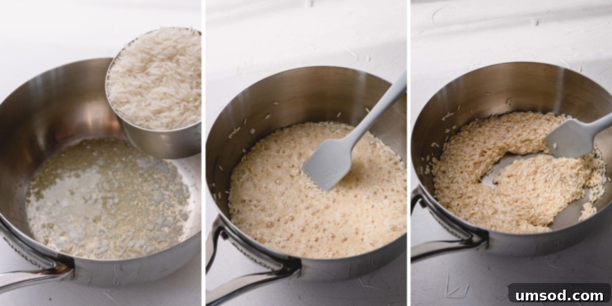 Fragrant Golden Pilaf 5 Four-panel step-by-step image showing basmati rice being toasted in butter, then mixed with stock and bloomed saffron, and finally cooking in a skillet.
