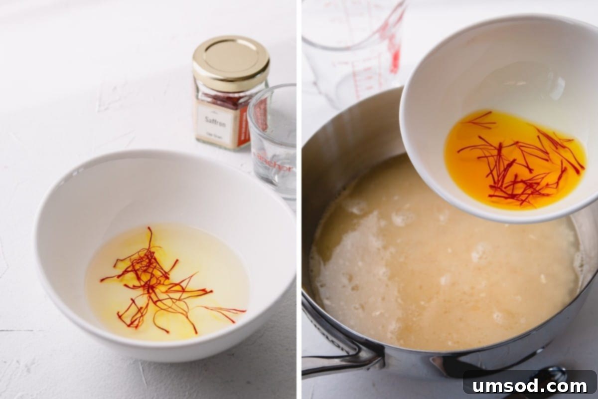 Fragrant Golden Pilaf 6 Close-up of saffron threads blooming in a small bowl of hot water, showing the vibrant orange-red color infusion.