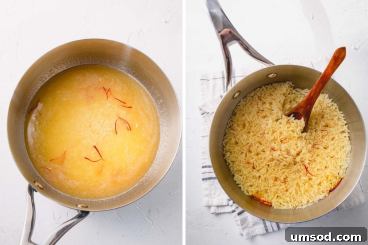 Fragrant Golden Pilaf 7 Saffron rice simmering in a skillet on the stovetop, covered with a lid, illustrating the cooking process.
