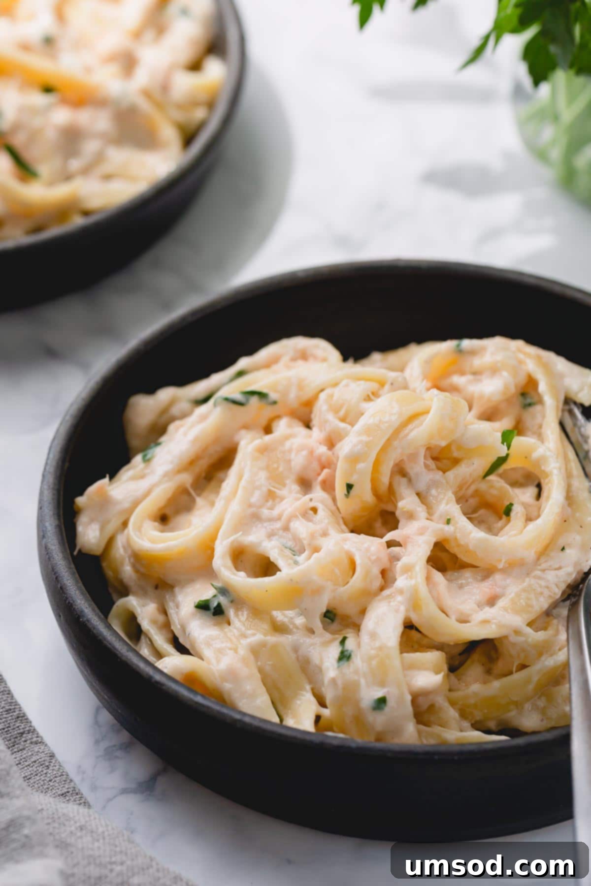 A beautifully presented plate of creamy pasta with smoked salmon, garnished with fresh parsley.